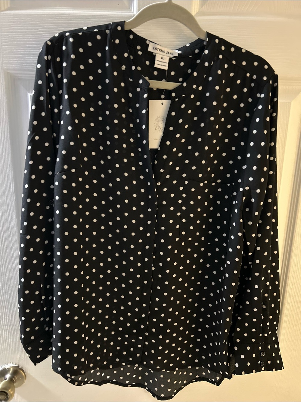 Estrna Jane black and white polka dot blouse with a hidden button front Size XL